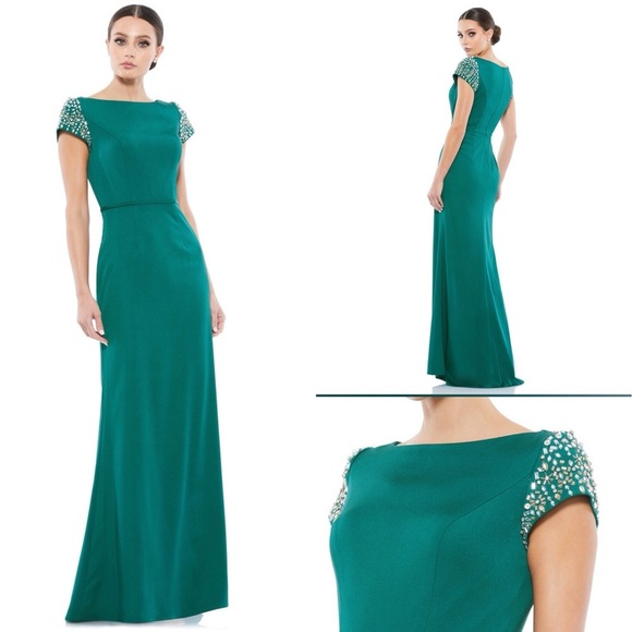 Ieena Mac Duggal emerald green bateau neck jewel cap sleeve column dress size 8 - Picture 1 of 11